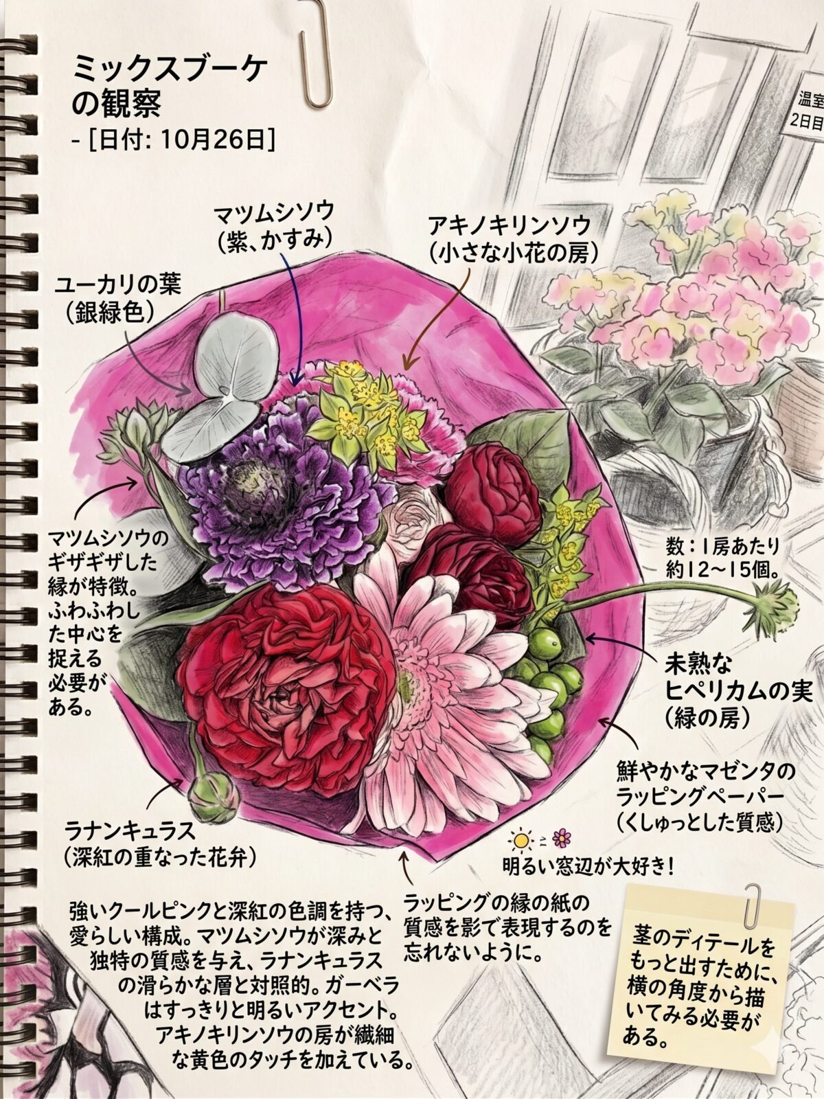 Geminiで作成した手書きスケッチ風のブーケイラスト