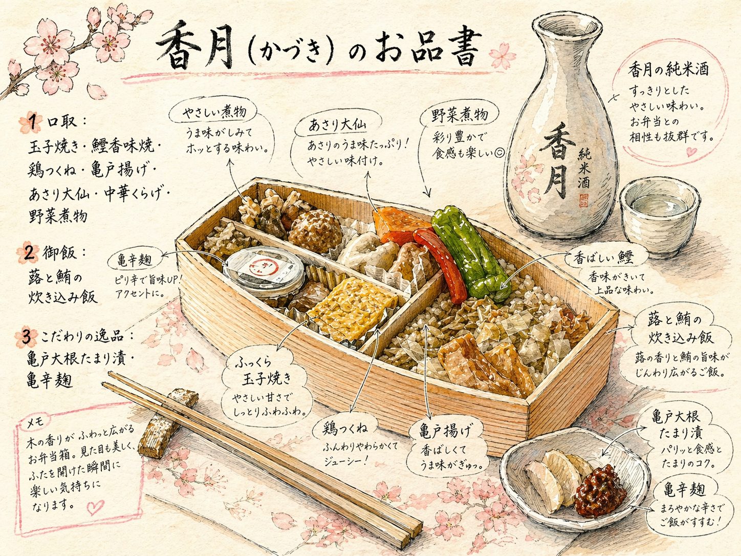 お弁当のスケッチ画風イラスト