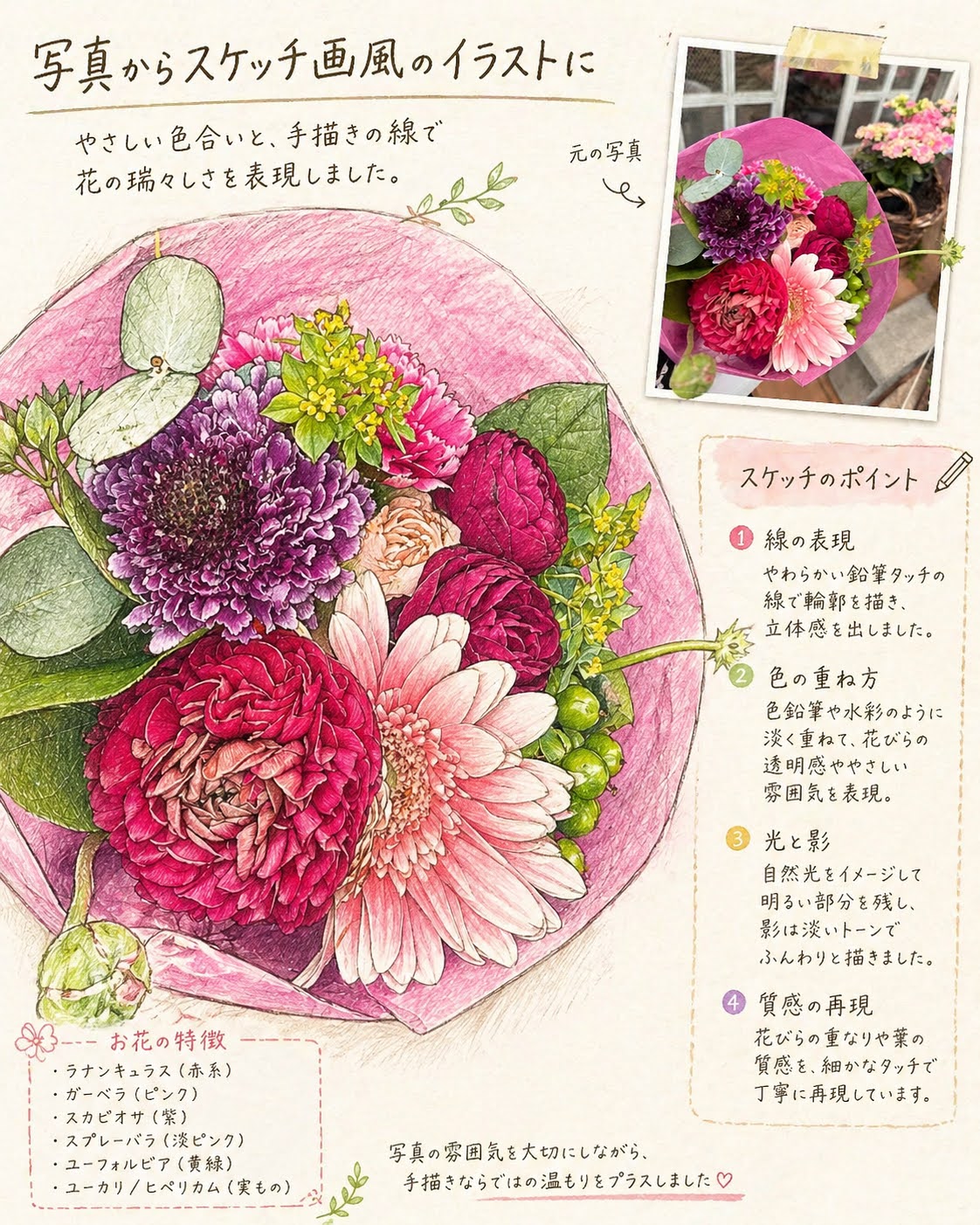 花束のスケッチ画風イラスト