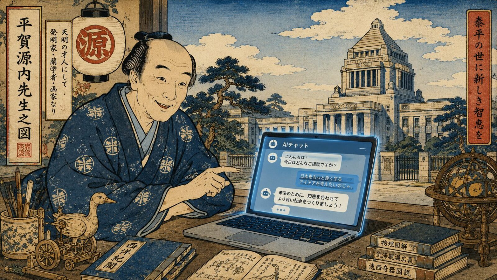 浮世絵タッチで描いた平賀源内がノートパソコンでAIチャットをしているイラスト