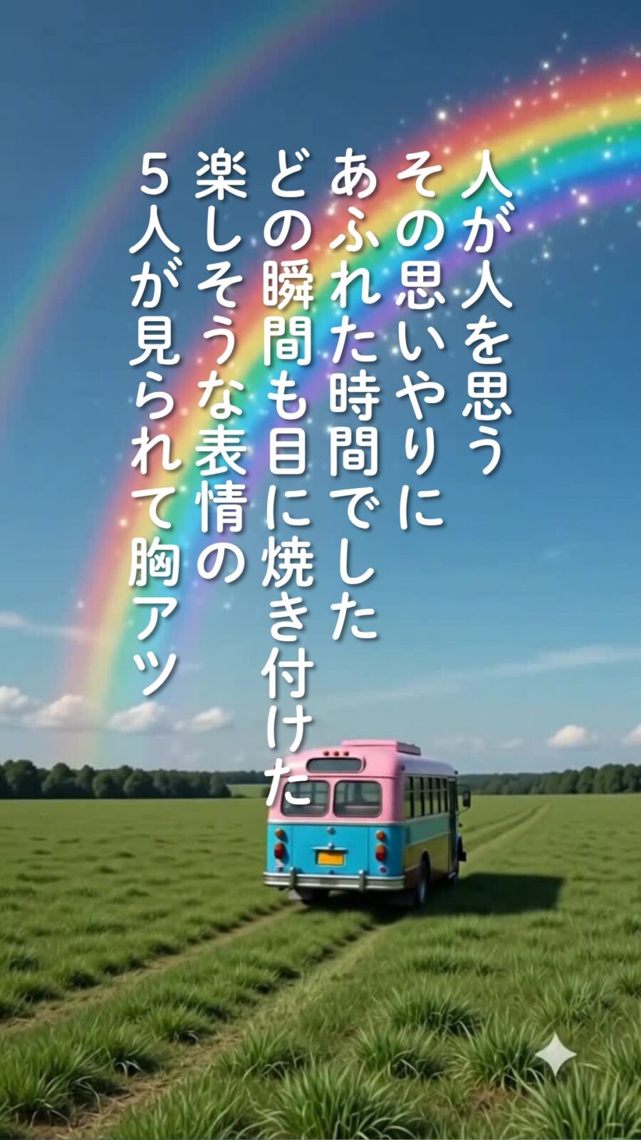 虹の下を走るバス。人が人を思う、その思いやりにあふれた時間でした、の文字