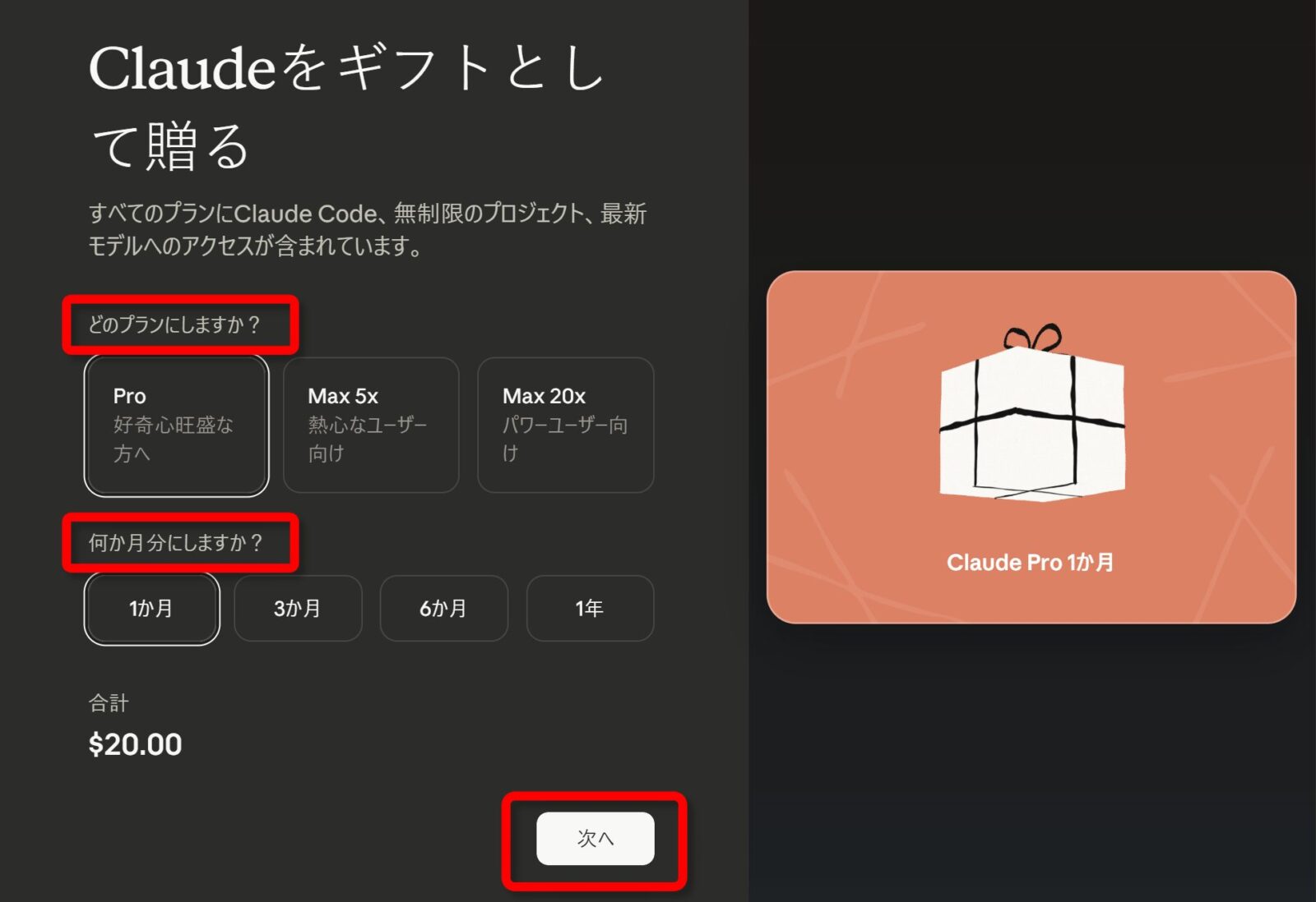 Proプランの1か月を選んだところ