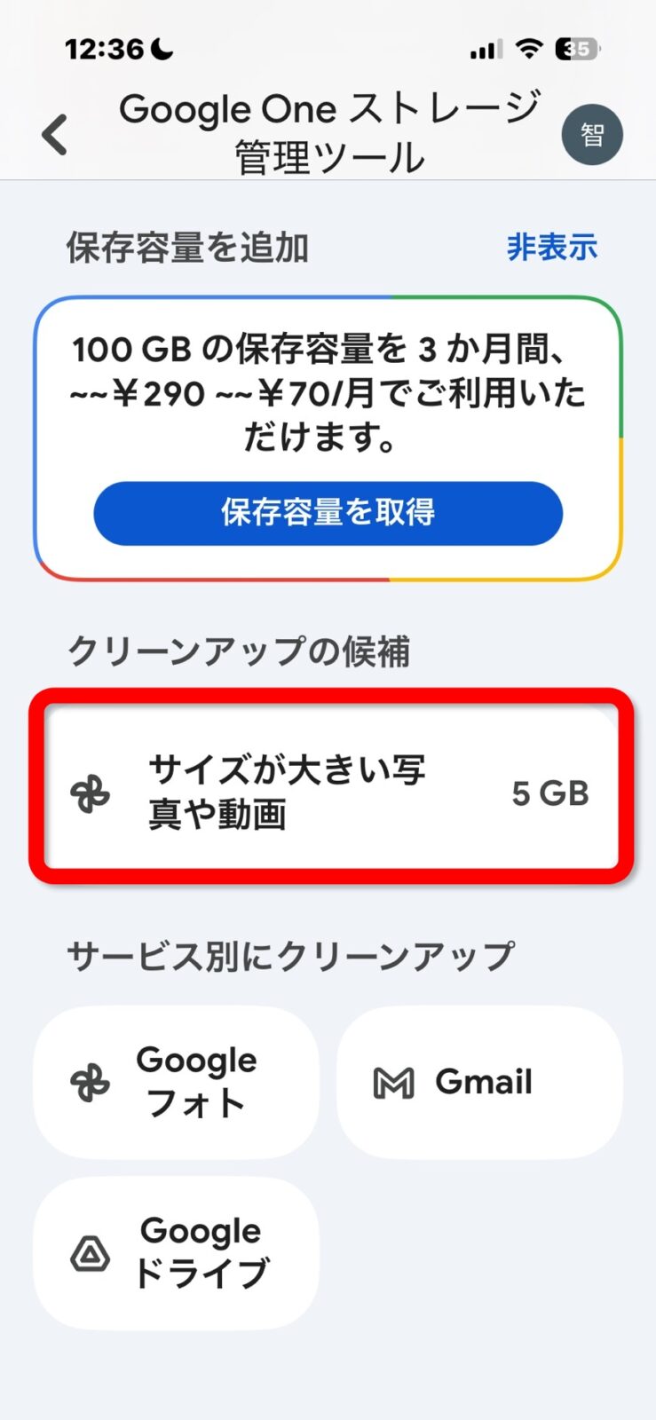 Google Oneストレージ管理ツール。サイズが大きい写真や動画5GBを赤枠で囲んでいる
