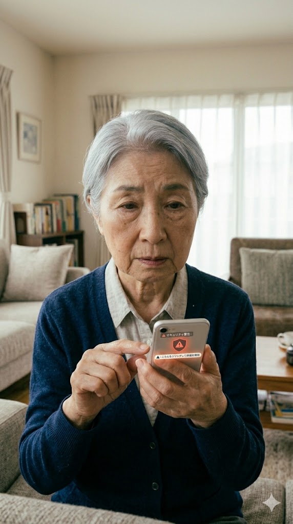 届いたメールが本物か不安そうにスマホを見るシニア女性