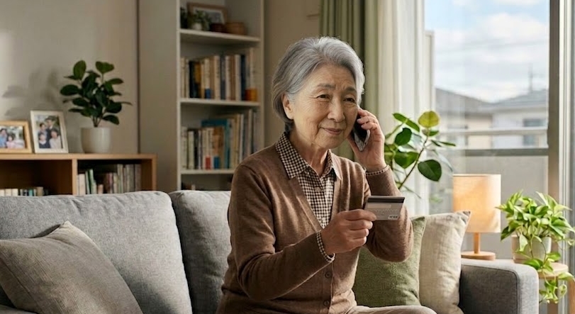 カード会社に電話して落ち着いて対処するシニア女性