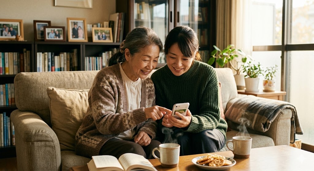 家族で一緒にスマホを見ながら教え合うシニア女性と娘世代の女性