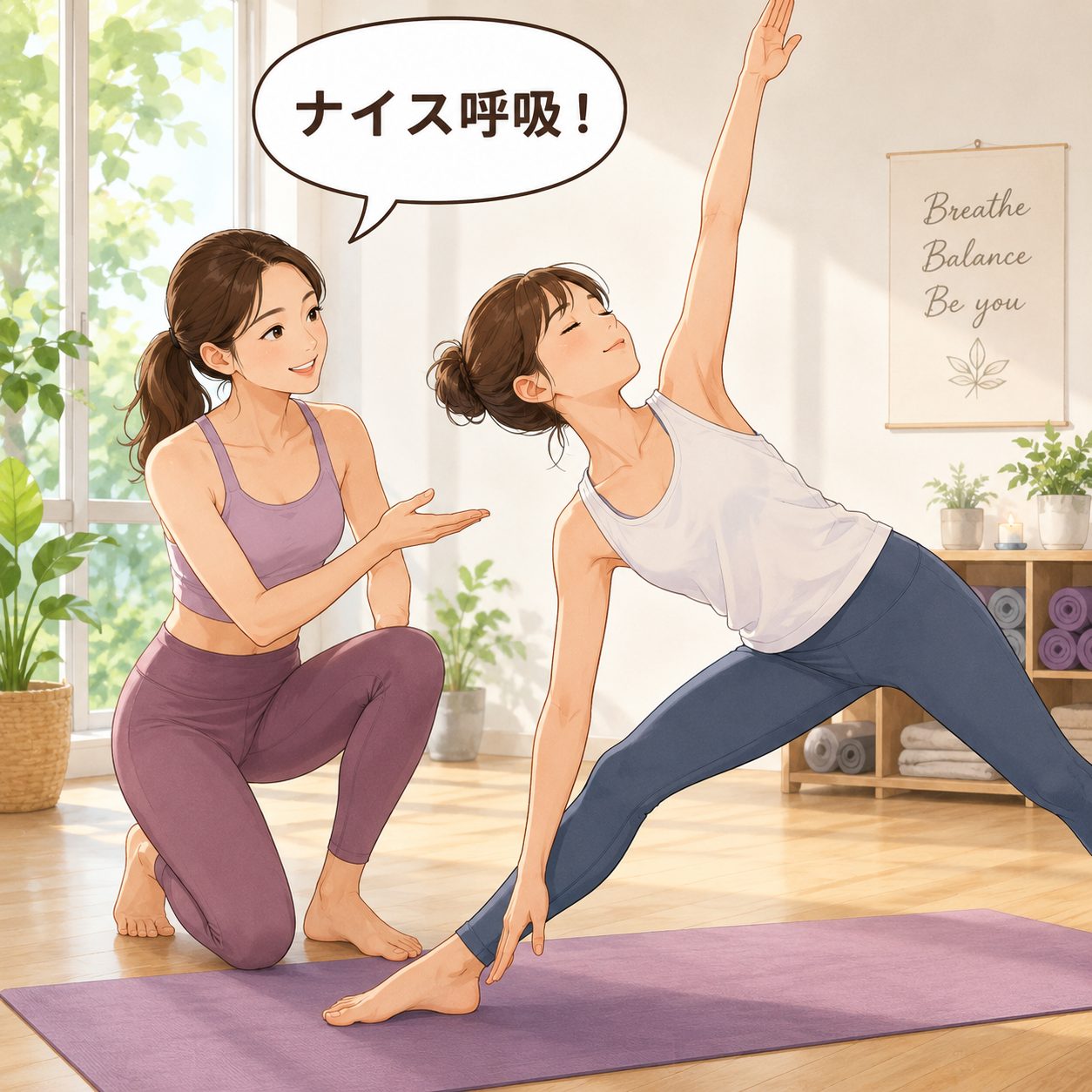 ヨガのインストラクターが「ナイス呼吸!」と声をかけているイラスト