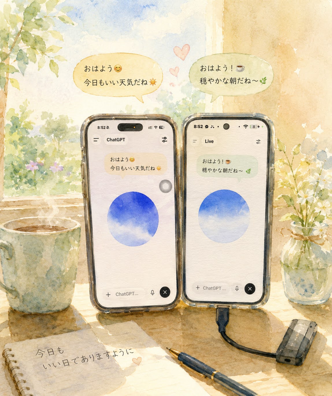 水彩タッチのイラスト。コーヒーとお花のそばで、2台のスマホがおはようと会話している
