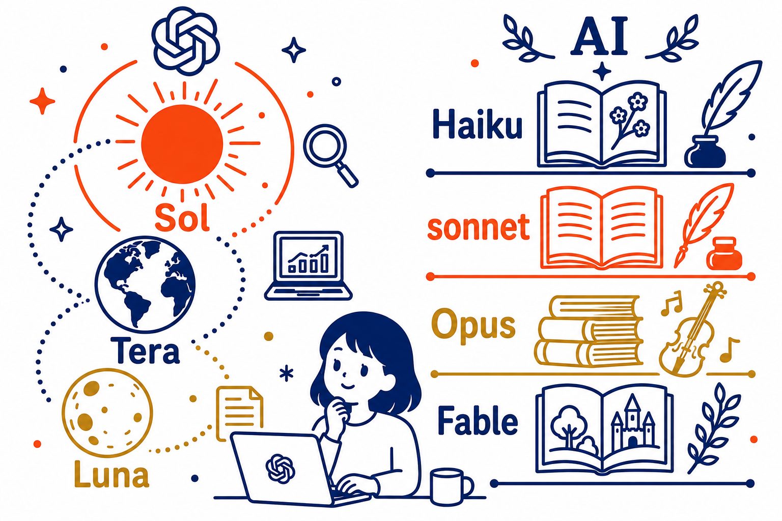 ChatGPTのGPT-5.6のモデル名(ソル・テラ・ルナ)と、Claudeのモデル名(Haiku・Sonnet・Opus・Fable)
