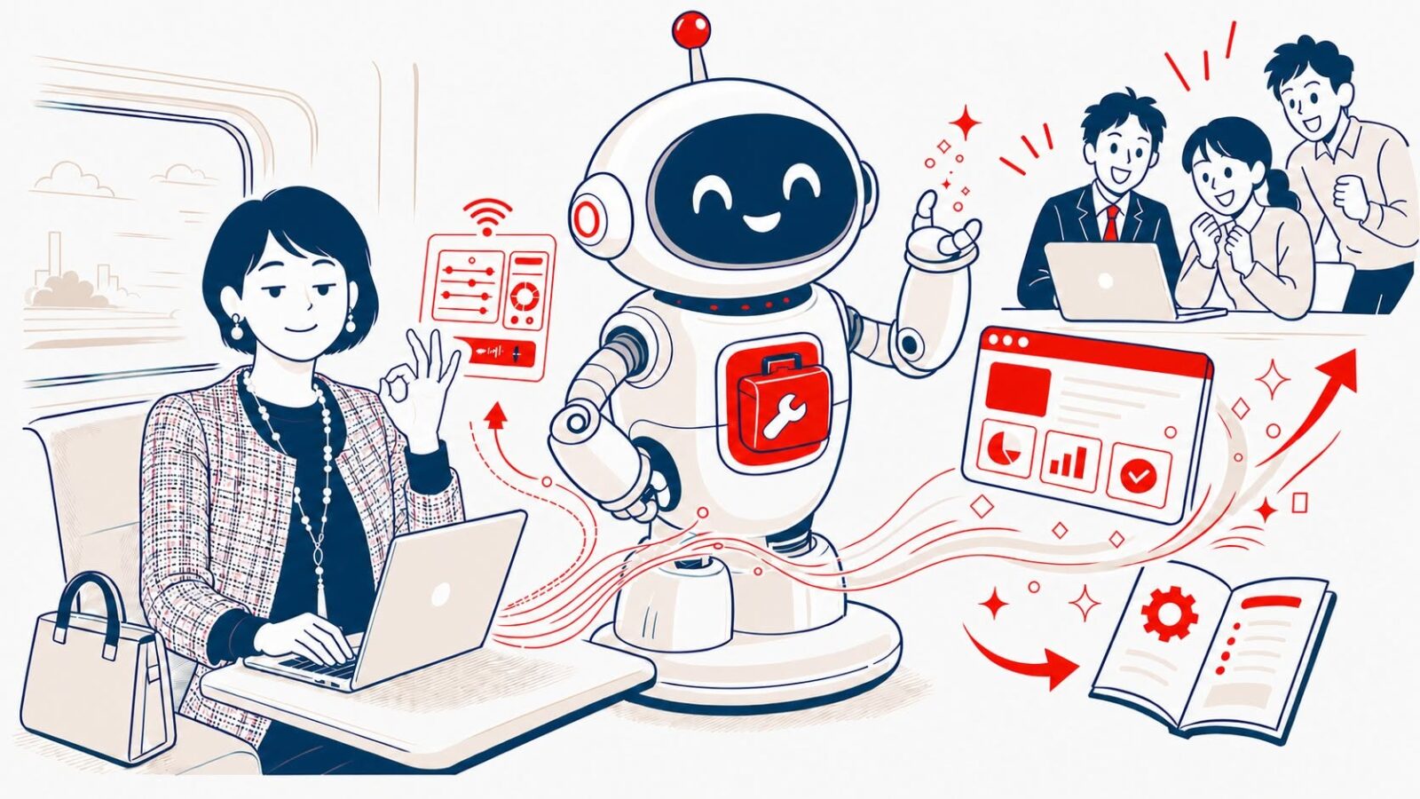 電車の中でパソコンを開く女性と、道具を作るロボット、できあがった手引書のイラスト