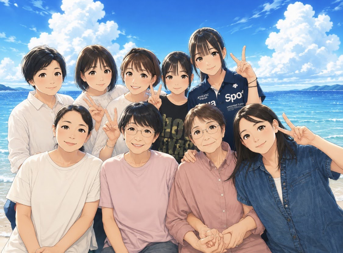 女性たちの集合写真をアニメ風にしたもの