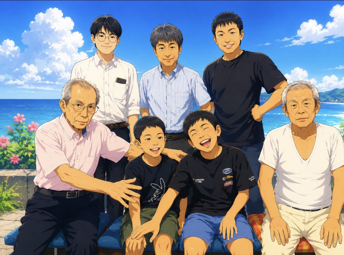 男性たちの集合写真をアニメ風にしたもの