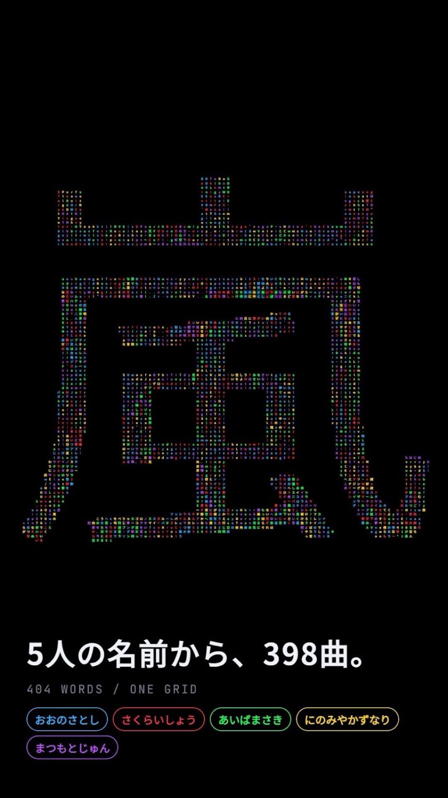 すべての文字が集まって「嵐」の一字になった画面