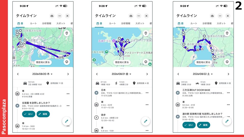 Googleマップのタイムラインで3日ぶんの移動を見たところ