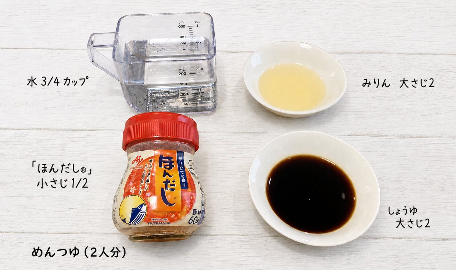AIで明るさと背景を変えたあとの画像。白い板の背景に材料と分量の文字が入っている