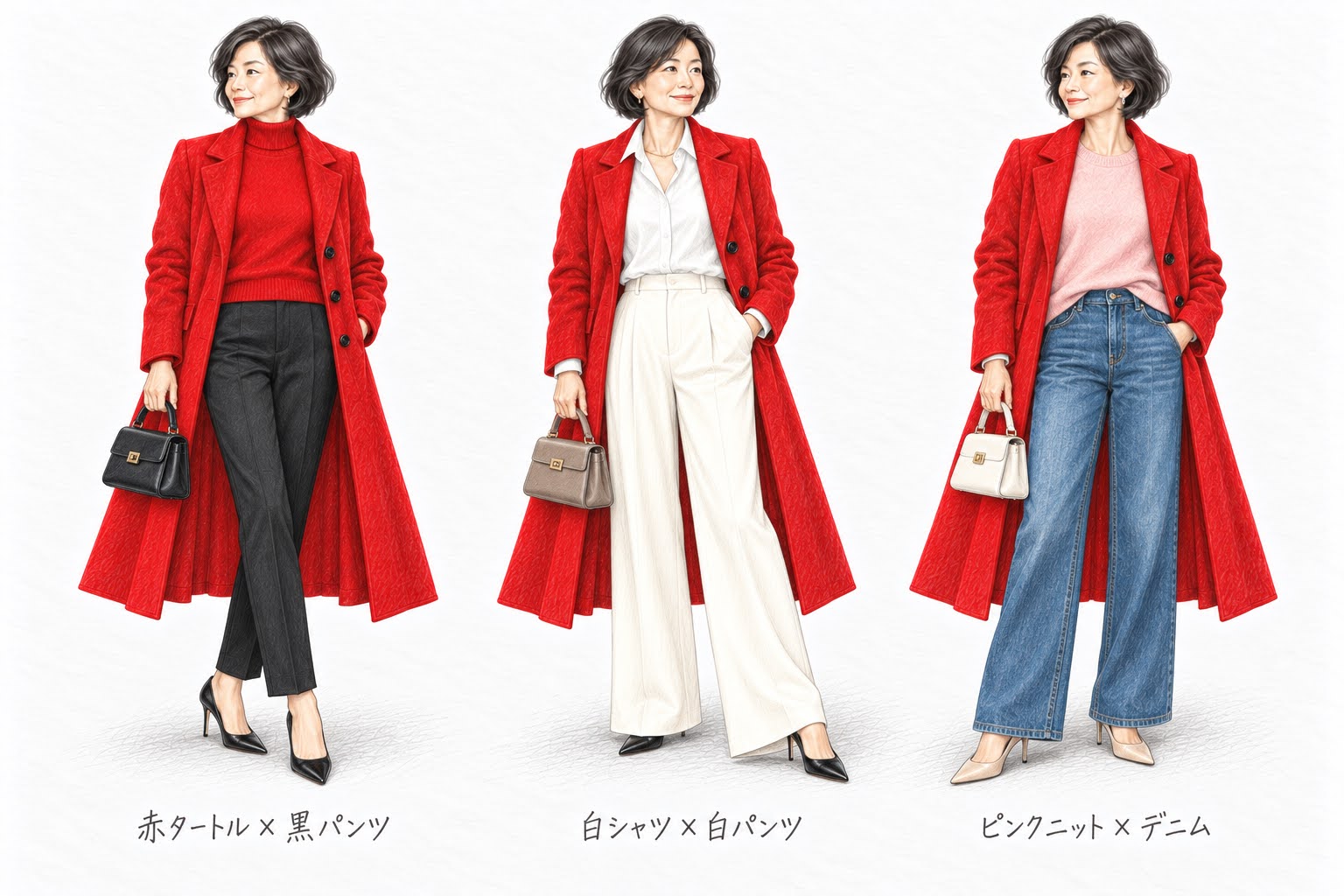 赤いロングコートに、赤タートルと黒パンツ、白シャツと白パンツ、ピンクニットとデニムを合わせた3通りのコーデのデッサン