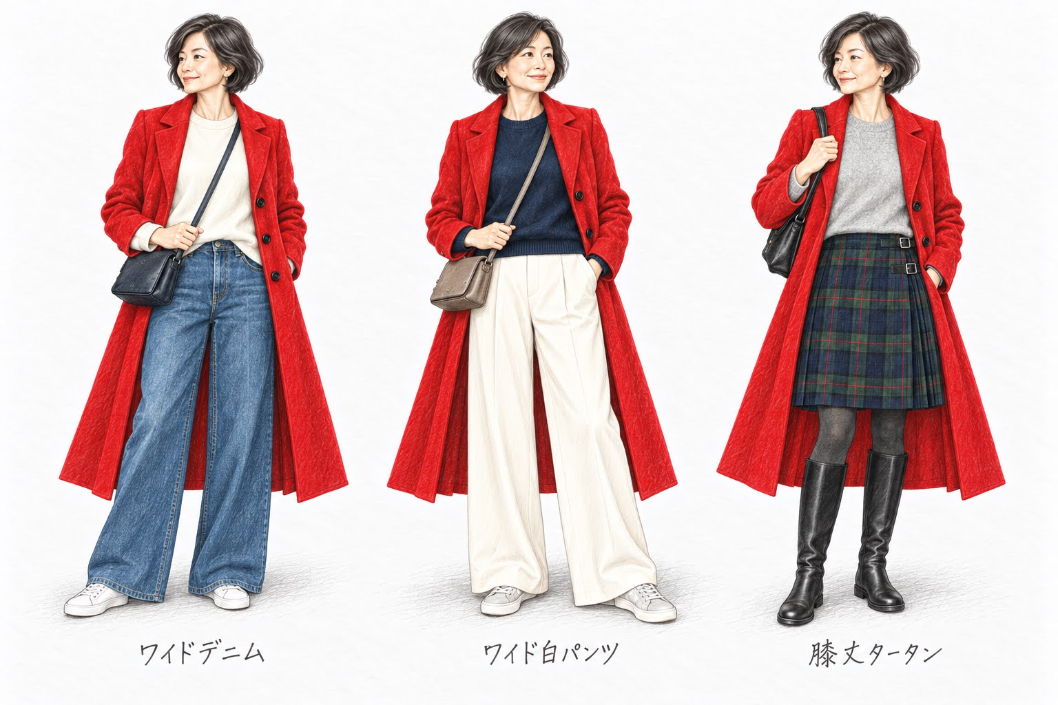 赤いロングコートに、ワイドデニム、ワイドの白パンツ、膝丈のタータンスカートを合わせた3通りのコーデのデッサン
