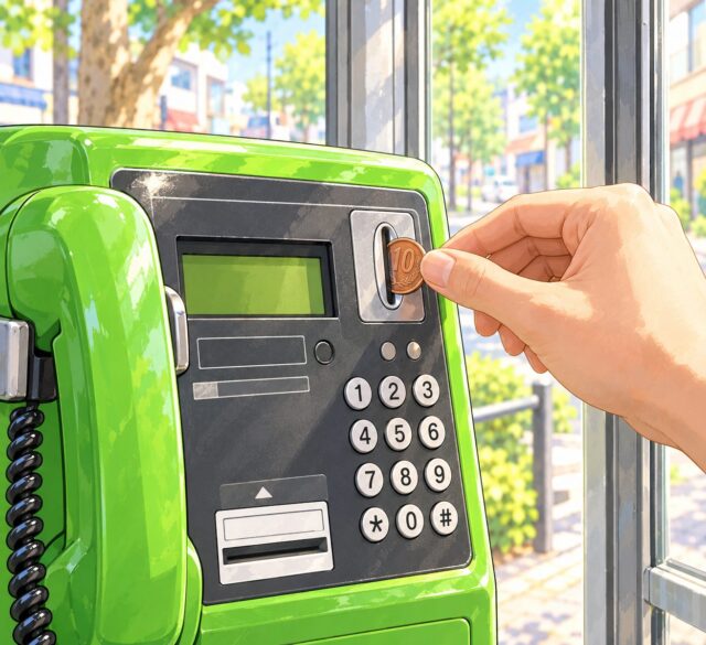 緑の公衆電話に硬貨を入れる手(イメージ)