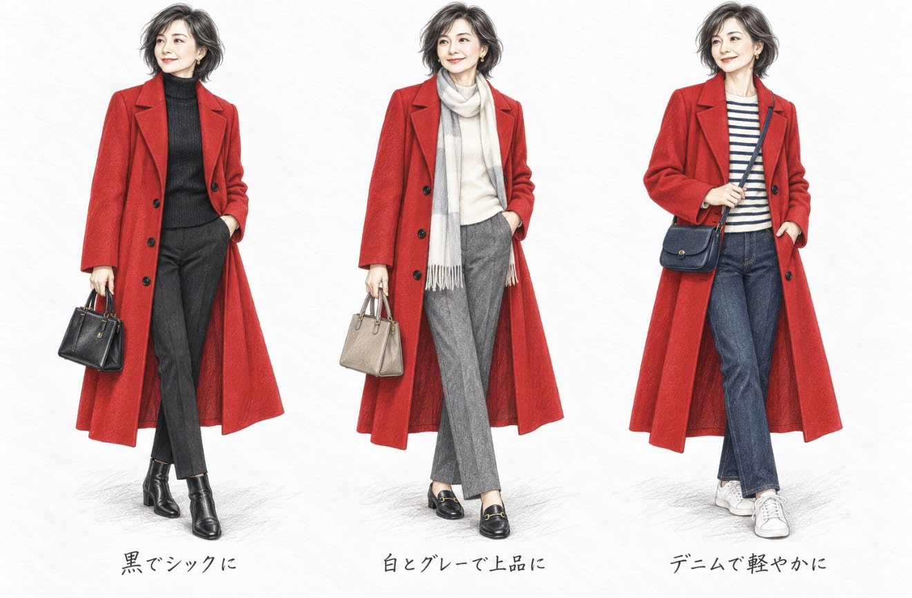 赤いロングコートの3つのコーデのデッサン。黒でシックに、白とグレーで上品に、デニムで軽やかに