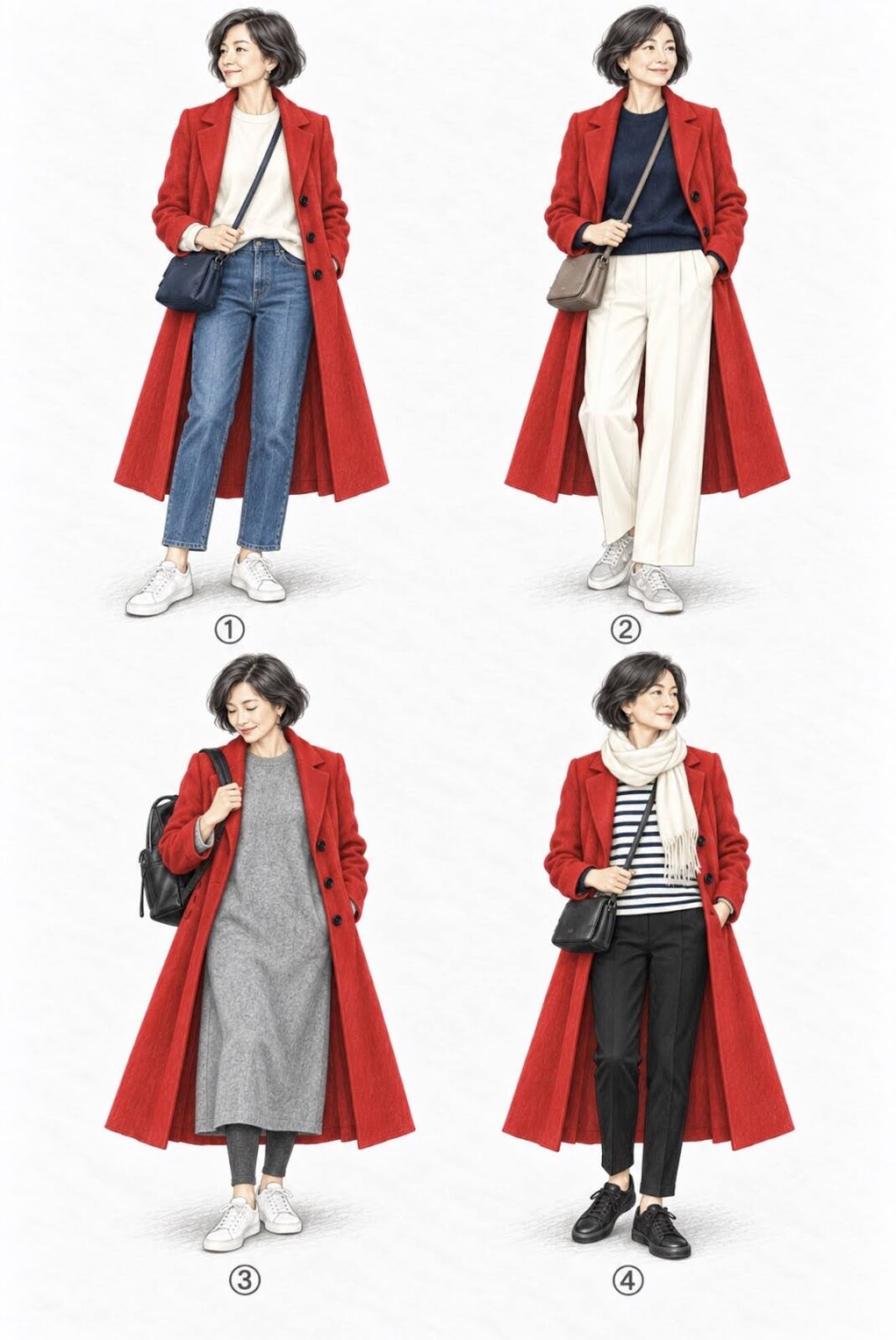 赤いロングコートに、デニム、白いパンツ、グレーのワンピース、黒いパンツを合わせた、4通りのカジュアルなコーデのデッサン