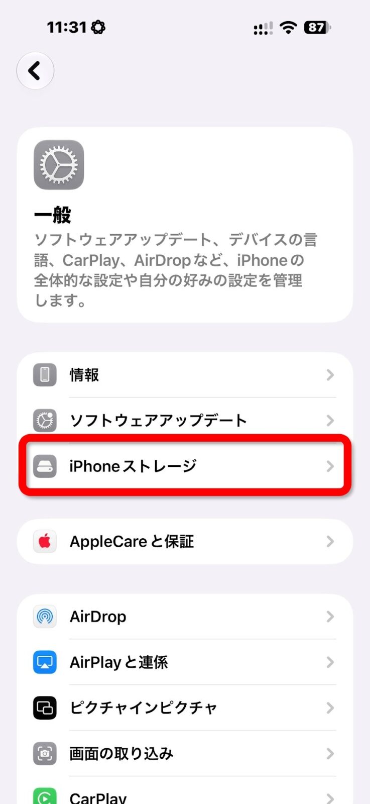 「一般」の中の「iPhoneストレージ」をタップ
