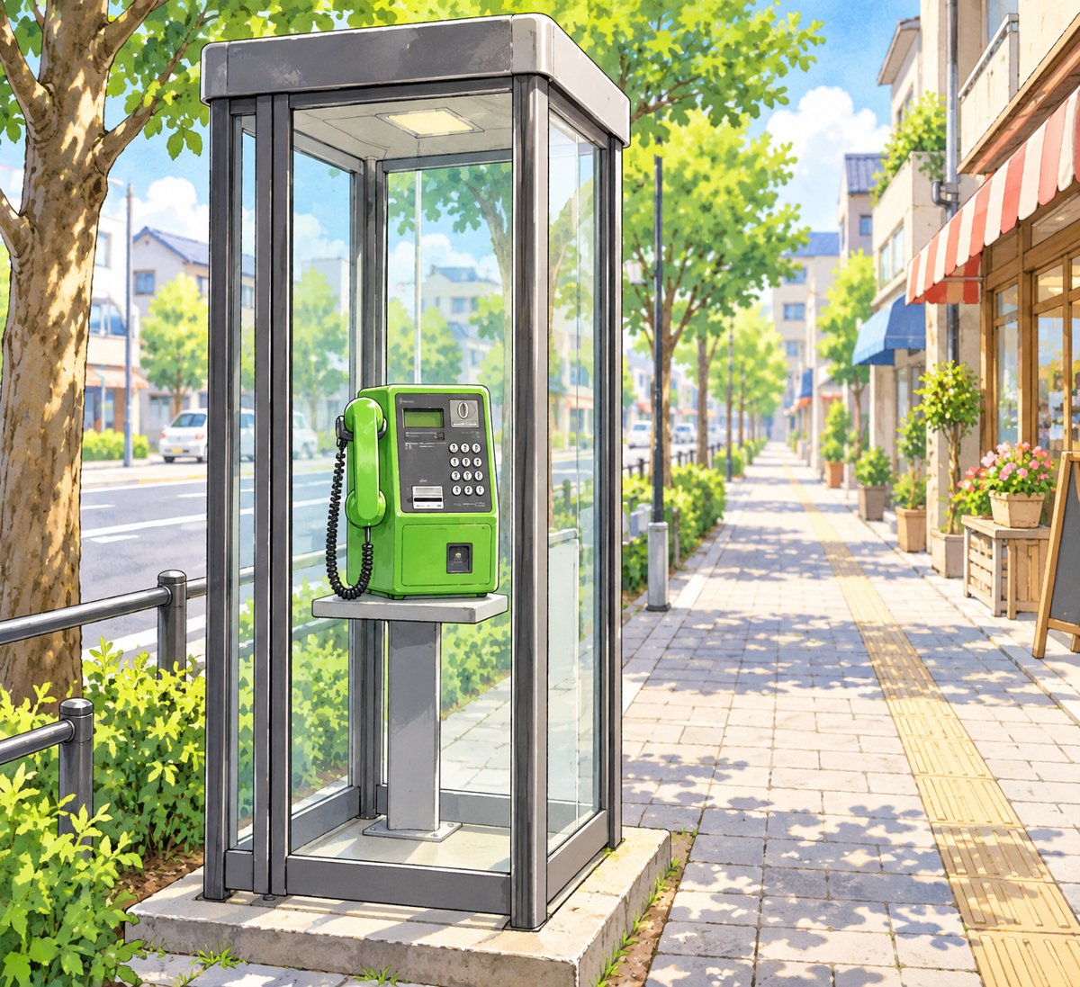 街角に立つ緑の公衆電話のボックス(イメージ)